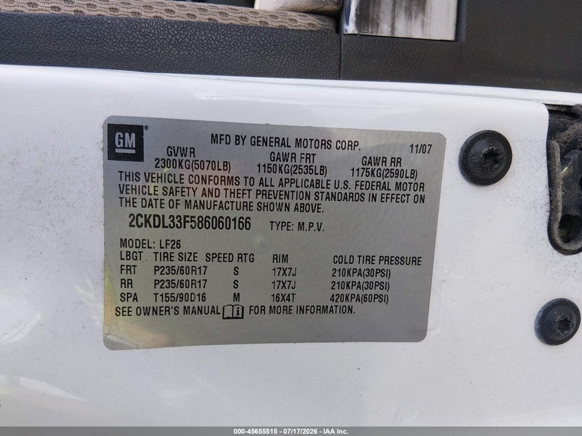 2008 Pontiac Torrent VIN: 2CKDL33F586060166 Lot: 45655515