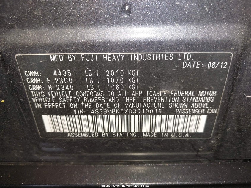 2013 Subaru Legacy 2.5I Limited VIN: 4S3BMBK6XD3010016 Lot: 45655519