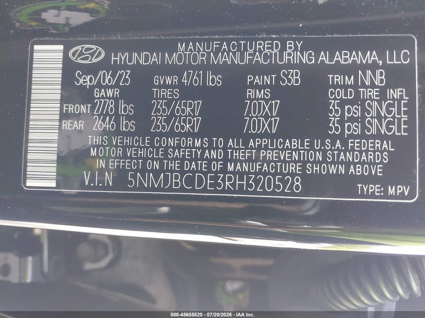 2024 Hyundai Tucson Sel VIN: 5NMJBCDE3RH320528 Lot: 45655520