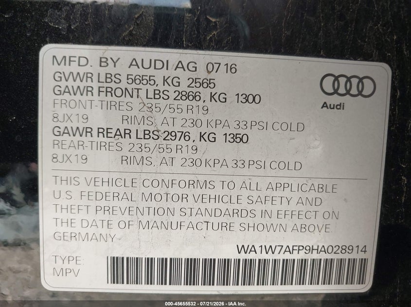 2017 Audi Q5 3.0T Premium Plus VIN: WA1W7AFP9HA028914 Lot: 45655532