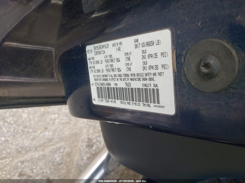 2002 Dodge Ram 1500 St VIN: 3D7HU18N82G149080 Lot: 45655555