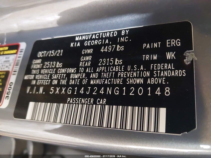 2022 Kia K5 Lxs VIN: 5XXG14J24NG120148 Lot: 45655560