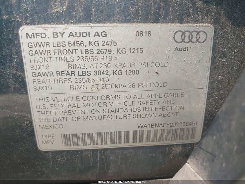 2018 Audi Q5 VIN: WA1BNAFY2J2228451 Lot: 45655586