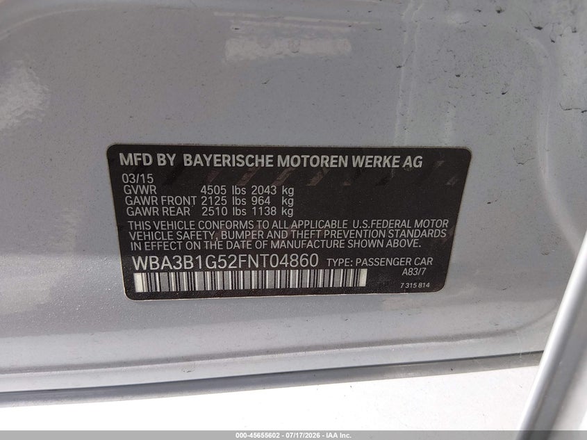 2015 BMW 320I VIN: WBA3B1G52FNT04860 Lot: 45655602
