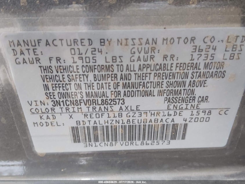 2024 Nissan Versa 1.6 Sr VIN: 3N1CN8FV0RL862573 Lot: 45655629