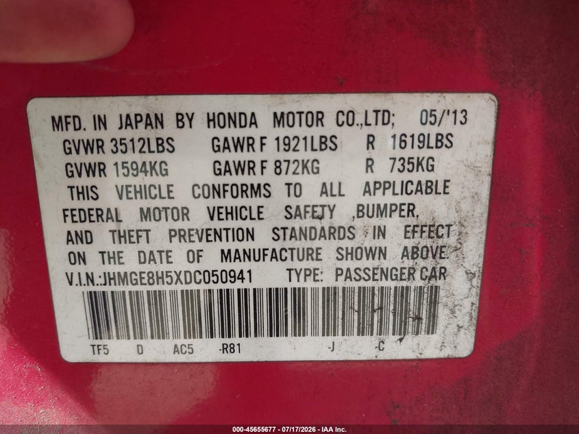 2013 Honda Fit Sport VIN: JHMGE8H5XDC050941 Lot: 45655677
