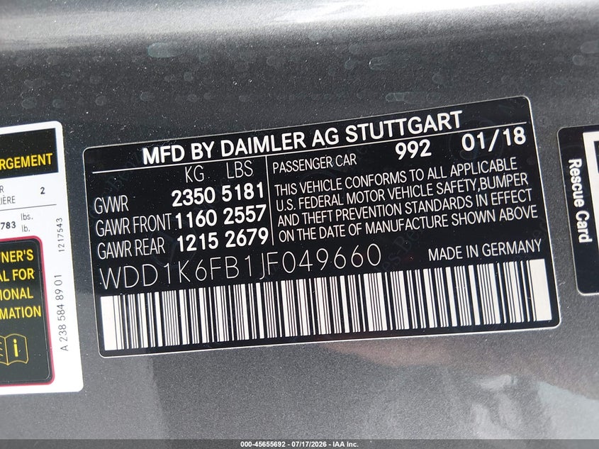 2018 Mercedes-Benz E 400 VIN: WDD1K6FB1JF049660 Lot: 45655692