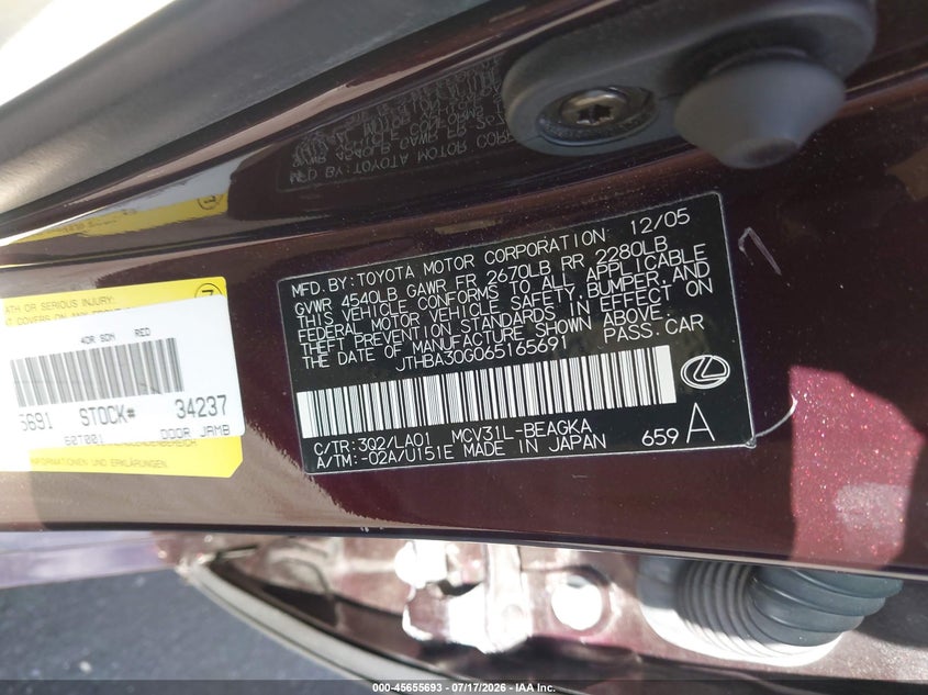 2006 Lexus Es 330 VIN: JTHBA30G065165691 Lot: 45655693