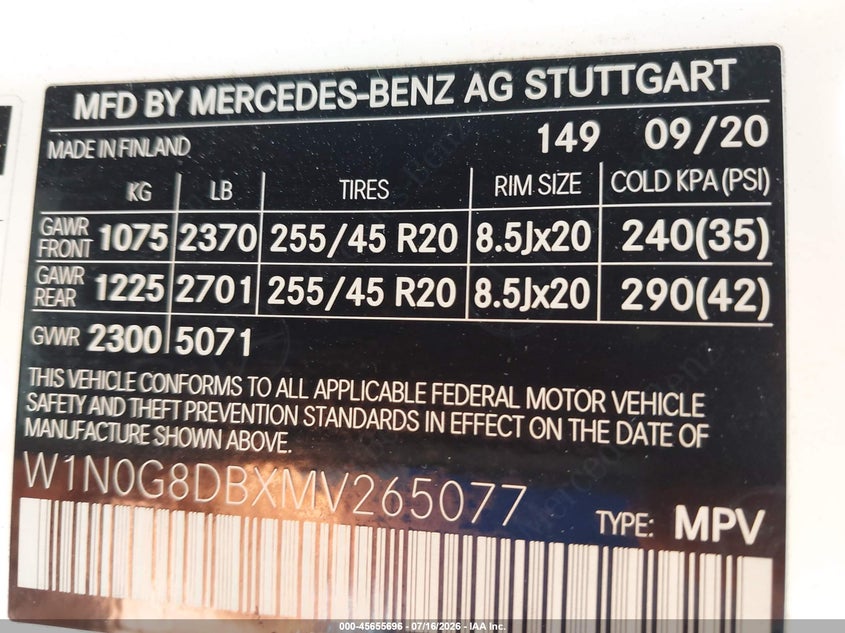 2021 Mercedes-Benz Glc 300 Suv VIN: W1N0G8DBXMV265077 Lot: 45655696