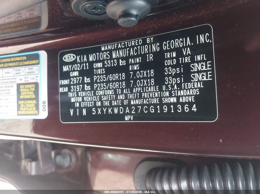 2012 Kia Sorento Sx V6 VIN: 5XYKWDA27CG191364 Lot: 45655701