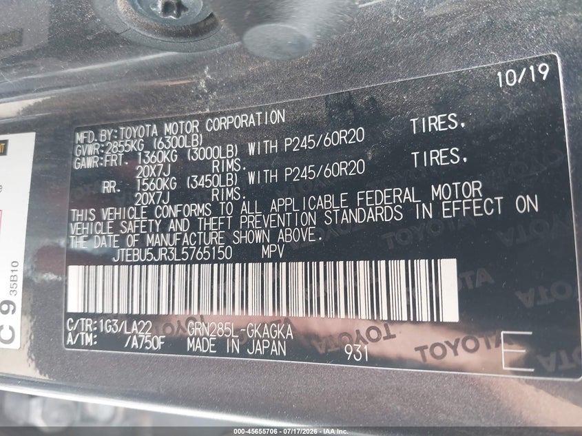 2020 Toyota 4Runner Limited VIN: JTEBU5JR3L5765150 Lot: 45655706
