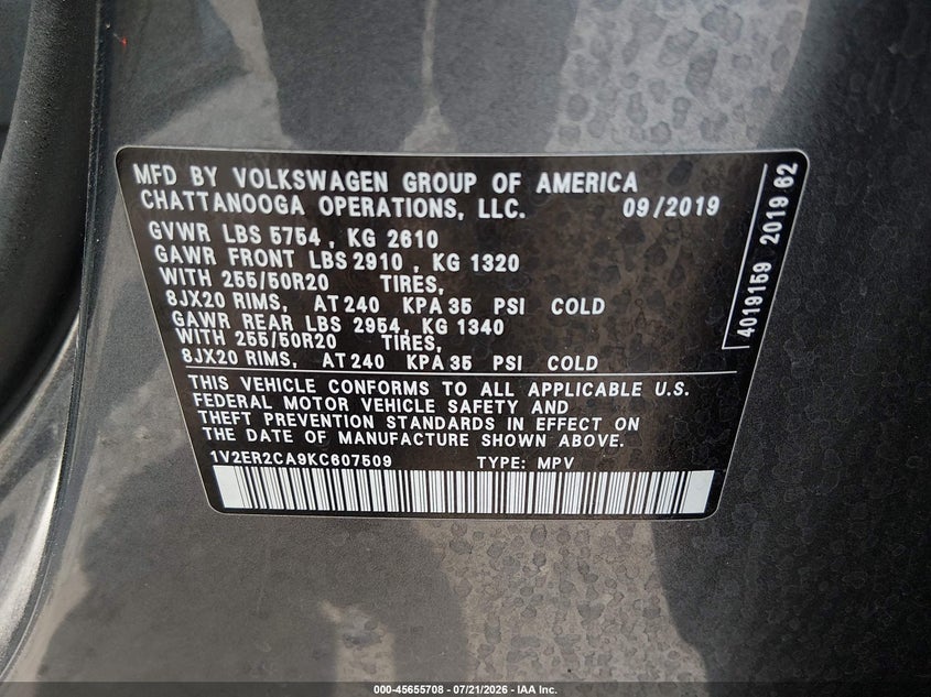 2019 Volkswagen Atlas 3.6L V6 Sel VIN: 1V2ER2CA9KC607509 Lot: 45655708