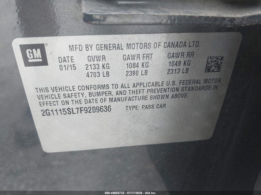 2015 Chevrolet Impala 1Lt VIN: 2G1115SL7F9209636 Lot: 45655732