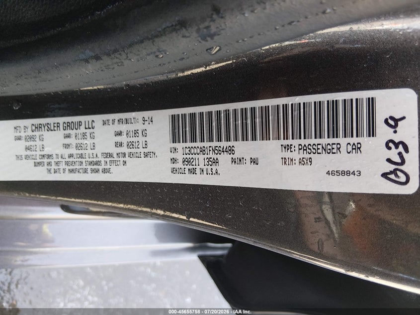 2015 Chrysler 200 Limited VIN: 1C3CCCAB1FN564486 Lot: 45655758