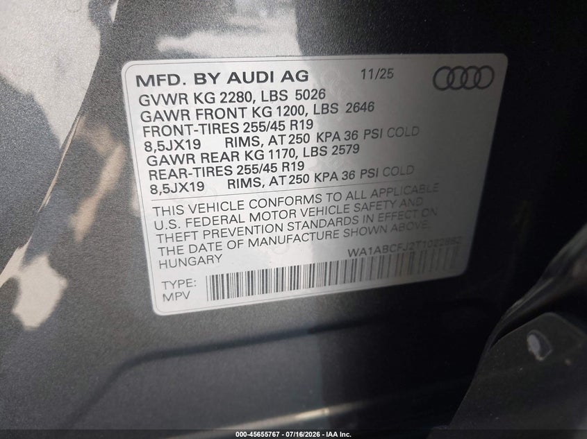 2026 Audi Q3 Tfsi Quattro S Tronic VIN: WA1ABCFJ2T1022882 Lot: 45655767