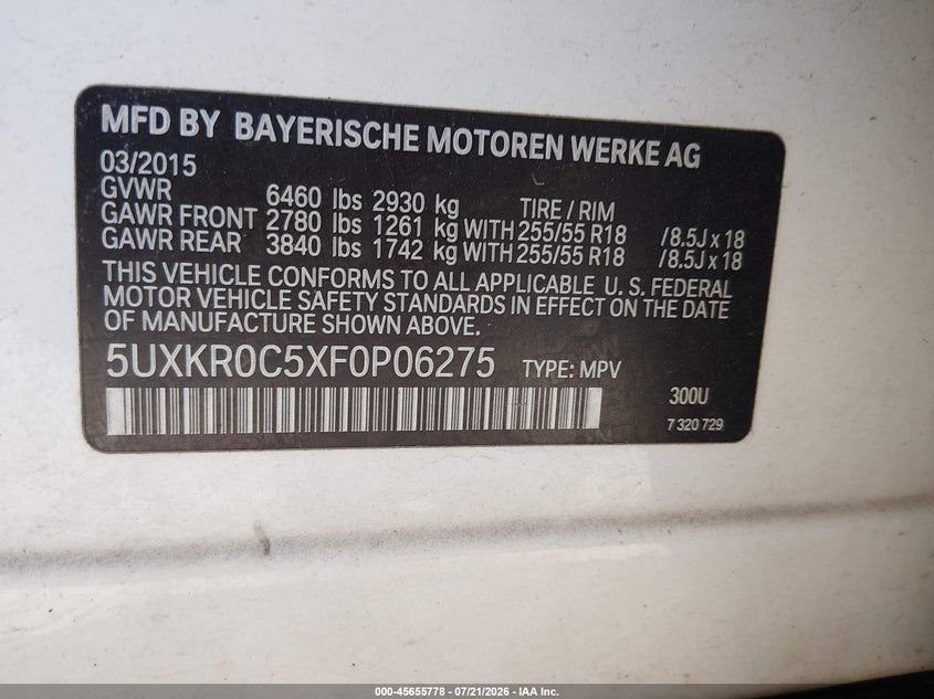 2015 BMW X5 xDrive35I VIN: 5UXKR0C5XF0P06275 Lot: 45655778
