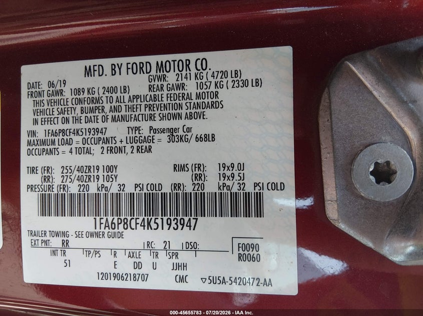 2019 Ford Mustang Gt Premium VIN: 1FA6P8CF4K5193947 Lot: 45655783