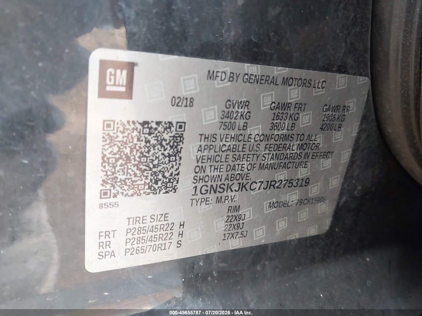 2018 Chevrolet Suburban Premier VIN: 1GNSKJKC7JR275319 Lot: 45655787