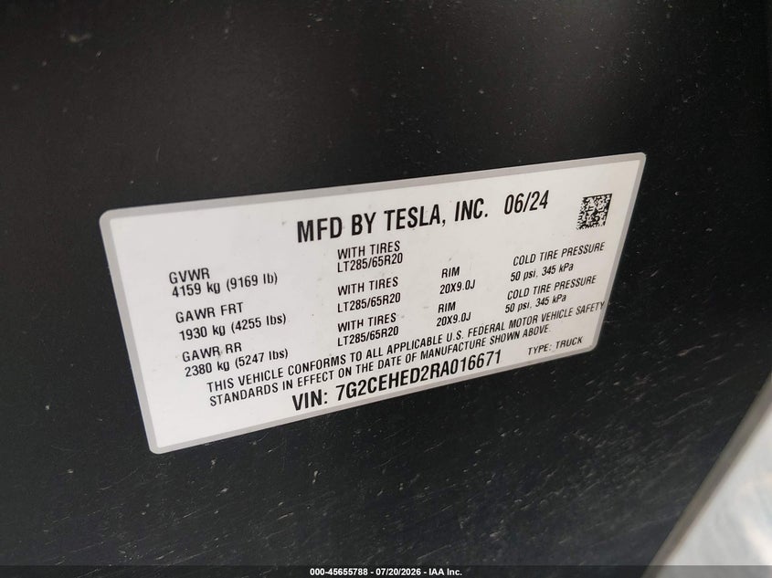 2024 Tesla Cybertruck All-Wheel Drive VIN: 7G2CEHED2RA016671 Lot: 45655788