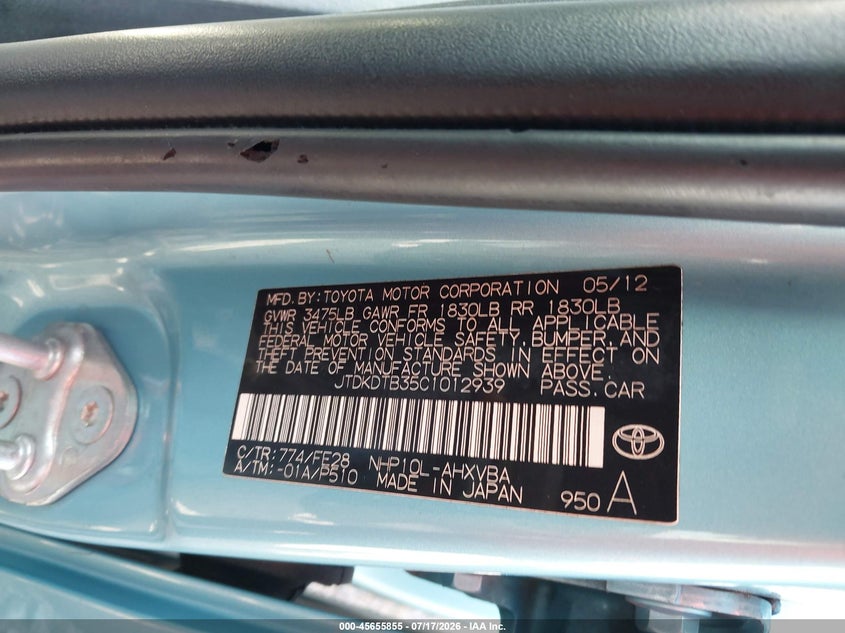 2012 Toyota Prius C One VIN: JTDKDTB35C1012939 Lot: 45655855