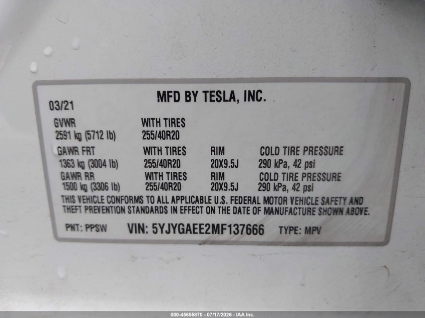 2021 Tesla Model Y Long Range Dual Motor All-Wheel Drive VIN: 5YJYGAEE2MF137666 Lot: 45655870