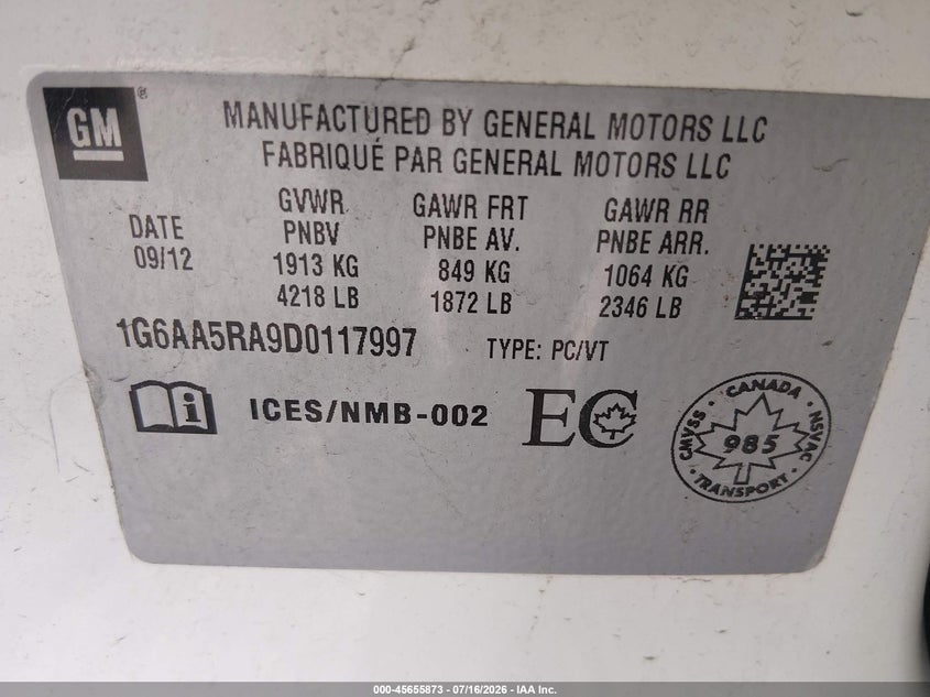 2013 Cadillac Ats Standard VIN: 1G6AA5RA9D0117997 Lot: 45655873
