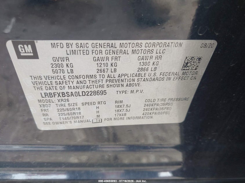 2020 Buick Envision Fwd Preferred VIN: LRBFXBSA0LD228695 Lot: 45655893
