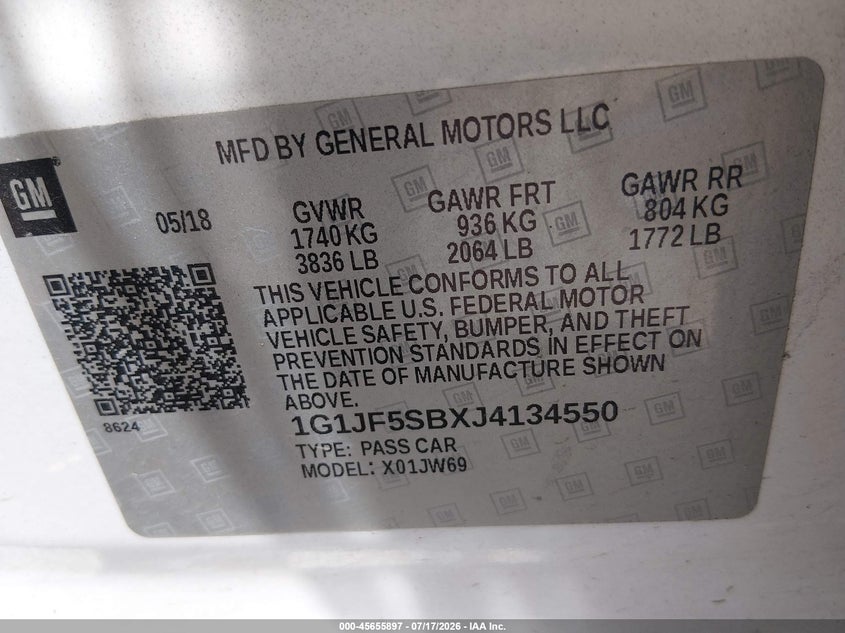 2018 Chevrolet Sonic Premier Auto VIN: 1G1JF5SBXJ4134550 Lot: 45655897