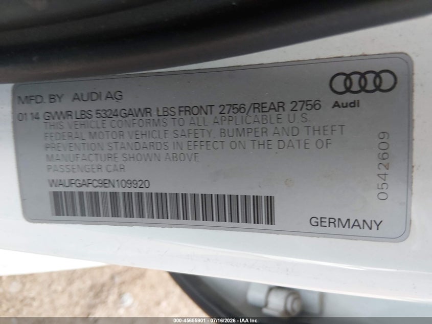 2014 Audi A6 3.0T Premium Plus VIN: WAUFGAFC9EN109920 Lot: 45655901