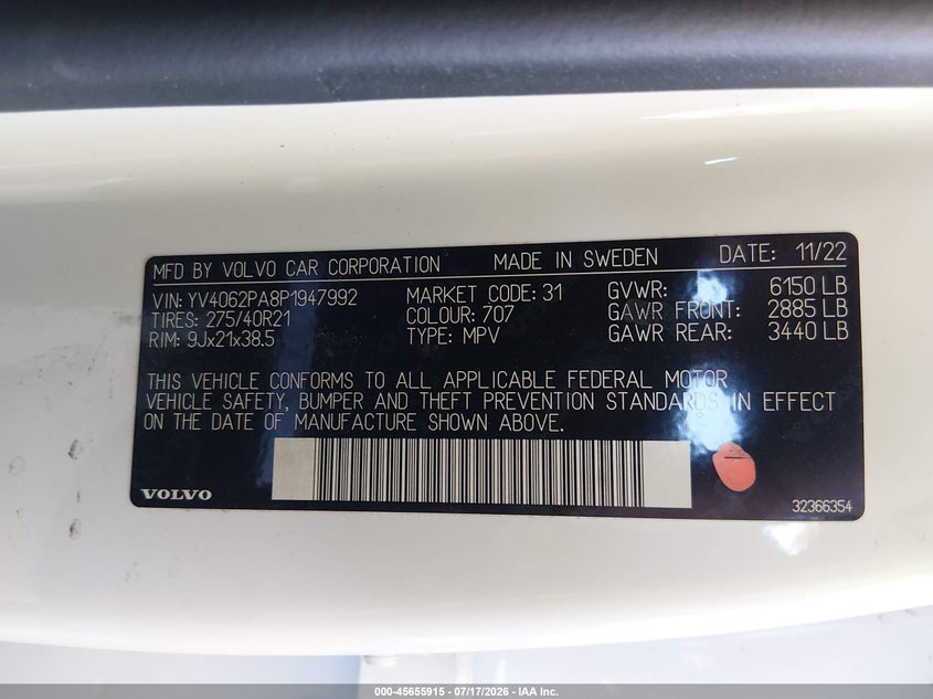 2023 Volvo Xc90 B6 Ultimate 7-Seater VIN: YV4062PA8P1947992 Lot: 45655915
