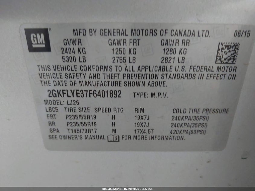 2015 GMC Terrain Slt-2 VIN: 2GKFLYE37F6401892 Lot: 45655918