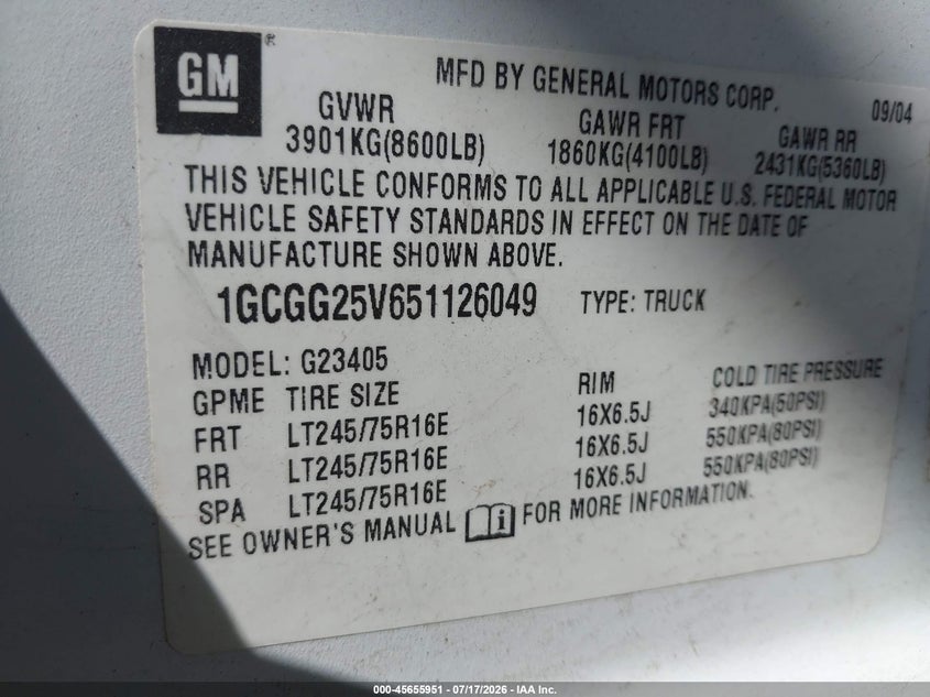 2005 Chevrolet Express VIN: 1GCGG25V651126049 Lot: 45655951