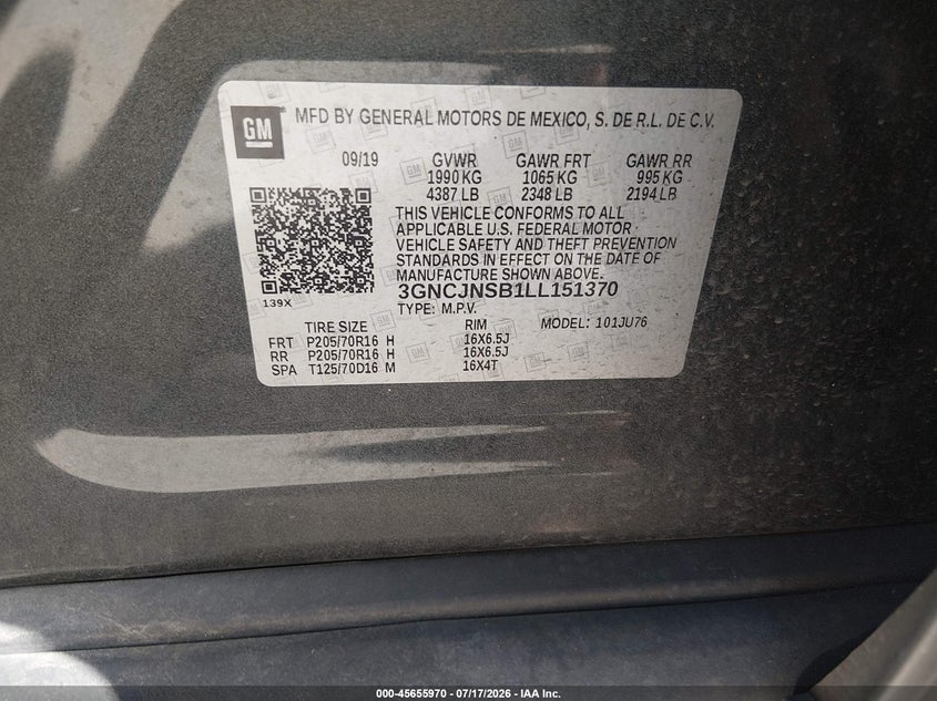 2020 Chevrolet Trax Awd Ls VIN: 3GNCJNSB1LL151370 Lot: 45655970