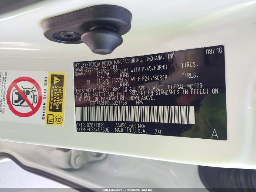 2016 Toyota Highlander Le VIN: 5TDZARFH8GS021756 Lot: 45655971