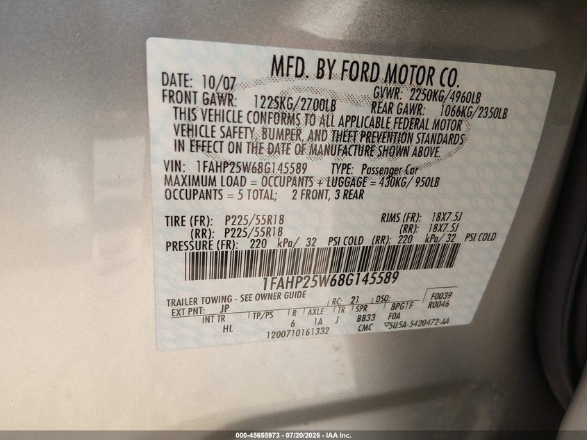 2008 Ford Taurus Limited VIN: 1FAHP25W68G145589 Lot: 45655973
