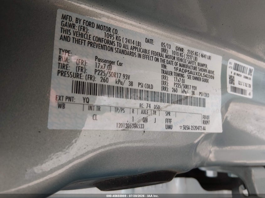 2013 Ford C-Max Hybrid Se VIN: 1FADP5AUXDL543359 Lot: 45655989