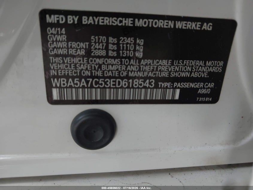 2014 BMW 528I xDrive VIN: WBA5A7C53ED618543 Lot: 45656022