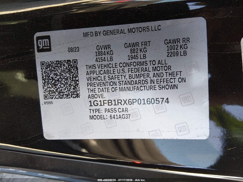 2023 Chevrolet Camaro Rwd 1Lt VIN: 1G1FB1RX6P0160574 Lot: 45656030