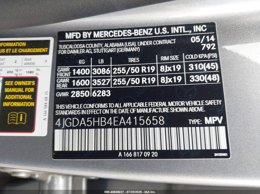 2014 Mercedes-Benz Ml 350 4Matic VIN: 4JGDA5HB4EA415658 Lot: 45656037