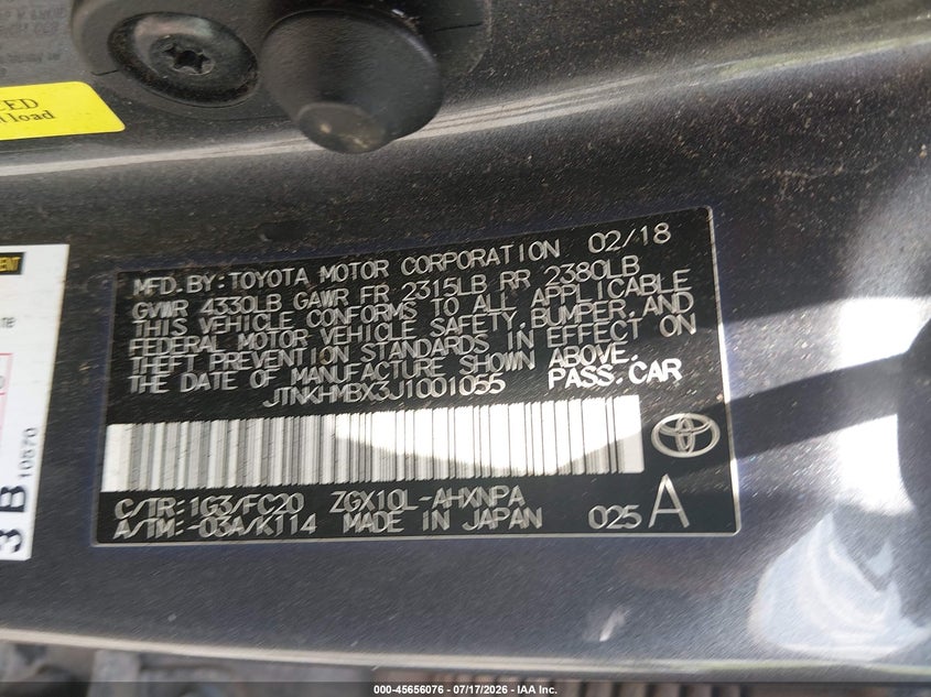 2018 Toyota C-Hr Xle VIN: JTNKHMBX3J1001055 Lot: 45656076