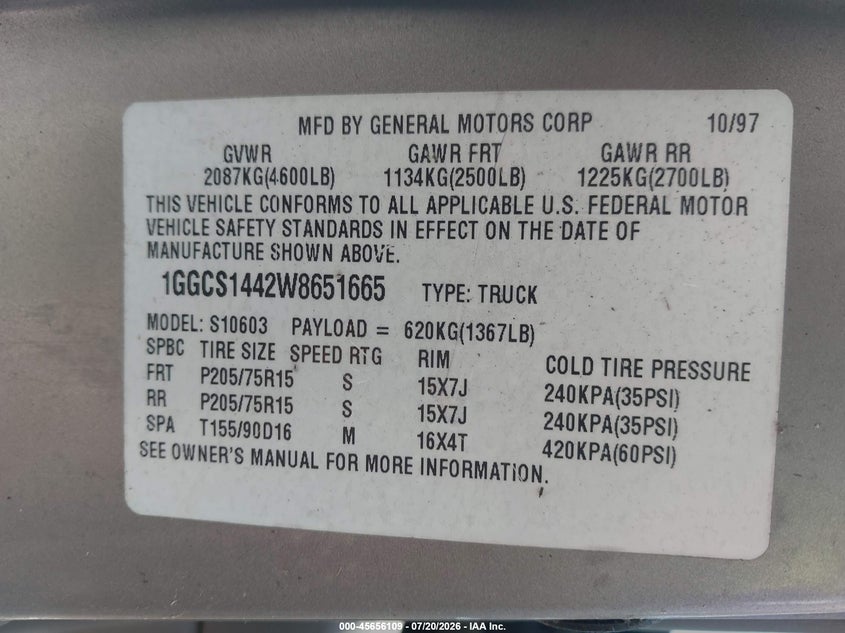 1998 Isuzu Hombre S VIN: 1GGCS1442W8651665 Lot: 45656109