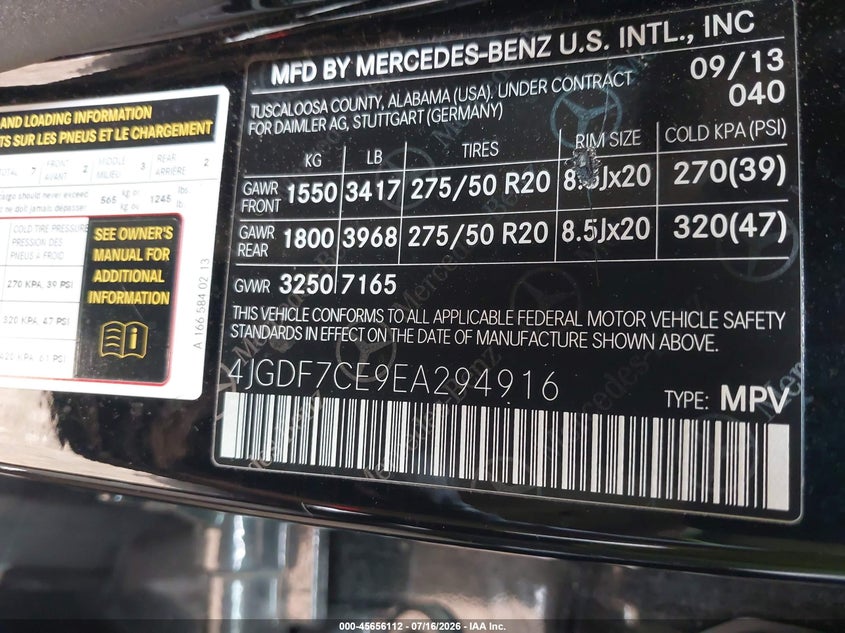 2014 Mercedes-Benz Gl 450 4Matic VIN: 4JGDF7CE9EA294916 Lot: 45656112