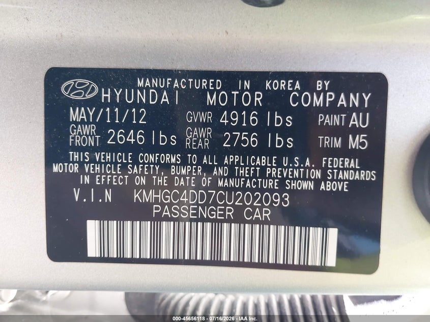 2012 Hyundai Genesis 3.8 VIN: KMHGC4DD7CU202093 Lot: 45656118