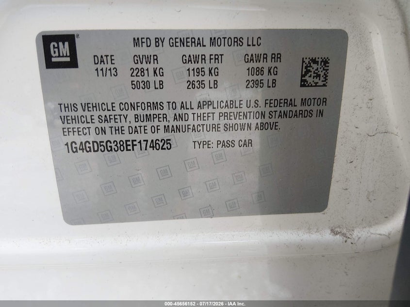 2014 Buick Lacrosse Premium I Group VIN: 1G4GD5G38EF174625 Lot: 45656152
