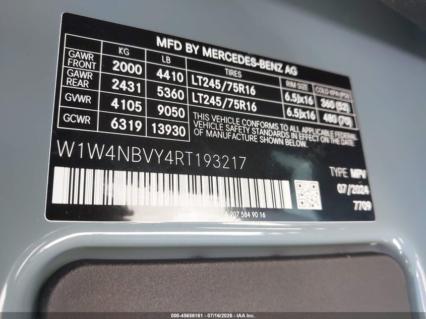 2024 Mercedes-Benz Sprinter 2500 Standard Roof 4-Cyl Diesel Ho VIN: W1W4NBVY4RT193217 Lot: 45656161