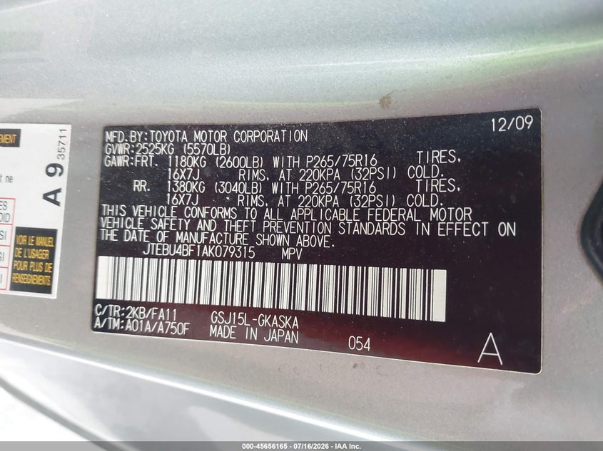 2010 Toyota Fj Cruiser VIN: JTEBU4BF1AK079315 Lot: 45656165