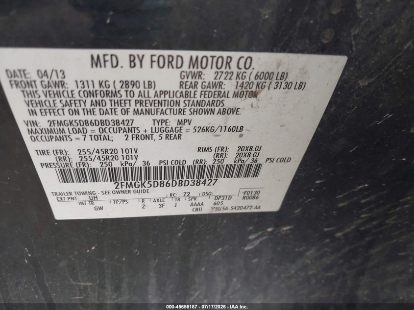 2013 Ford Flex Limited VIN: 2FMGK5D86DBD38427 Lot: 45656187