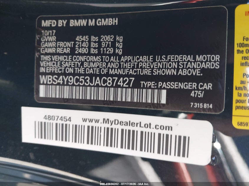 2018 BMW M4 VIN: WBS4Y9C53JAC87427 Lot: 45656202