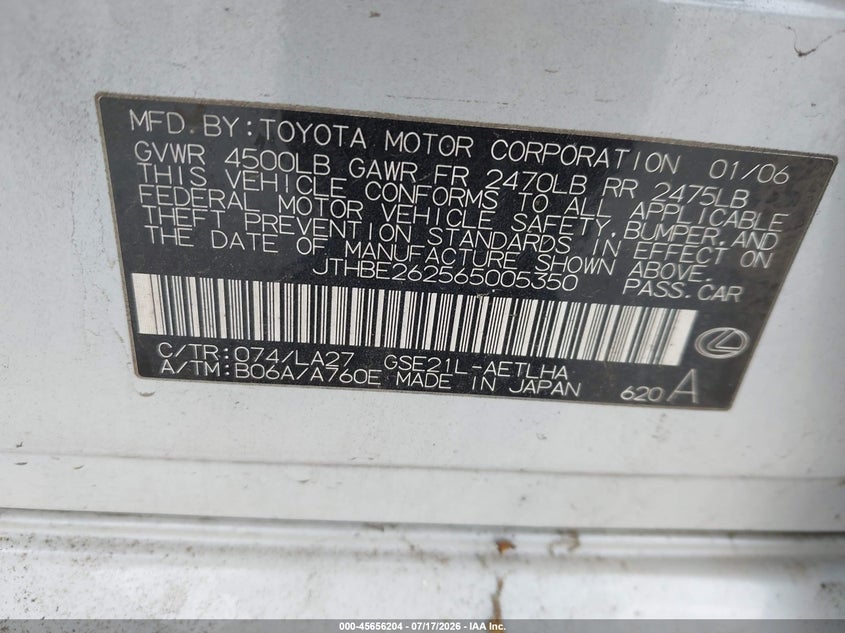 2006 Lexus Is 350 VIN: JTHBE262565005350 Lot: 45656204