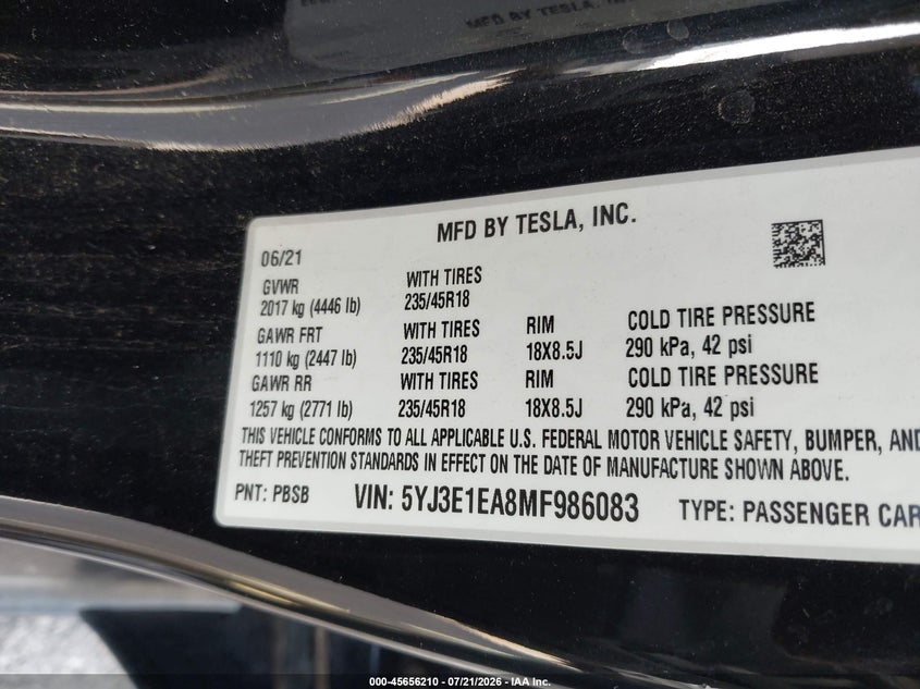 2021 Tesla Model 3 Standard Range Plus Rear-Wheel Drive VIN: 5YJ3E1EA8MF986083 Lot: 45656210